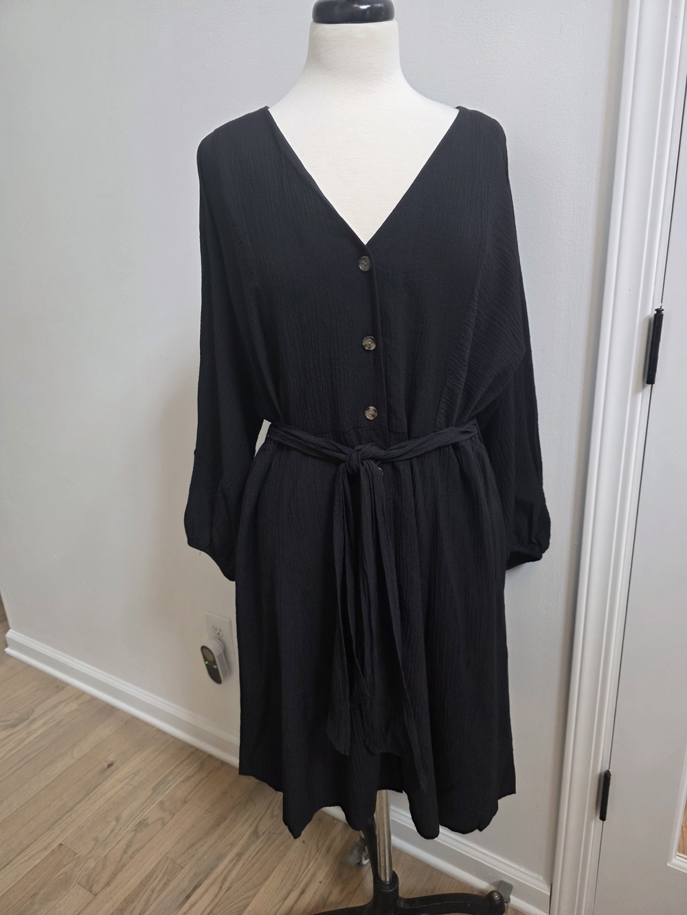 Calvin Klein Black Midi Button-Front Belted Dress